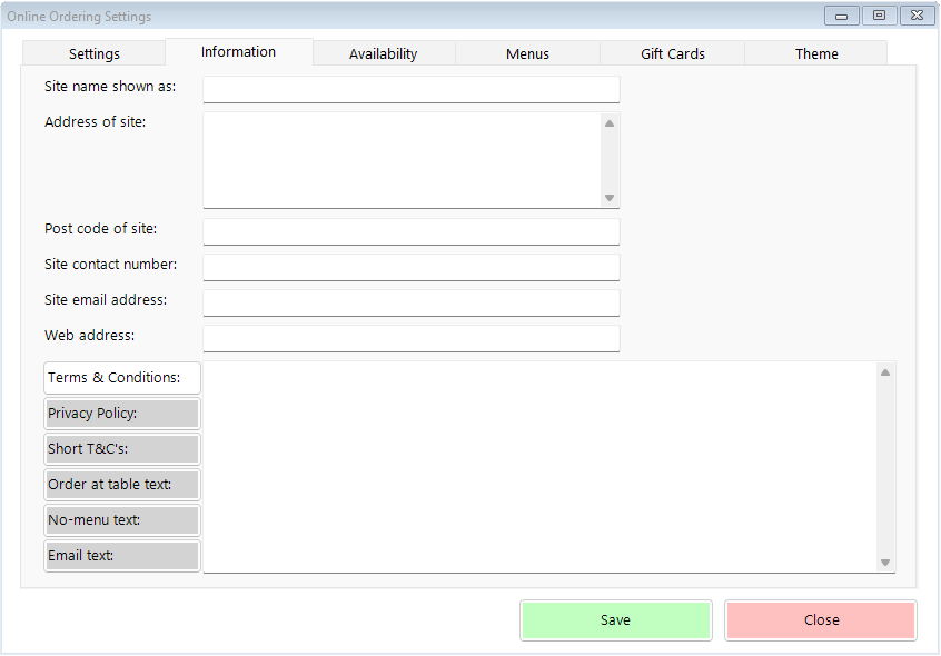 shows blank information tab in online ordering settings
